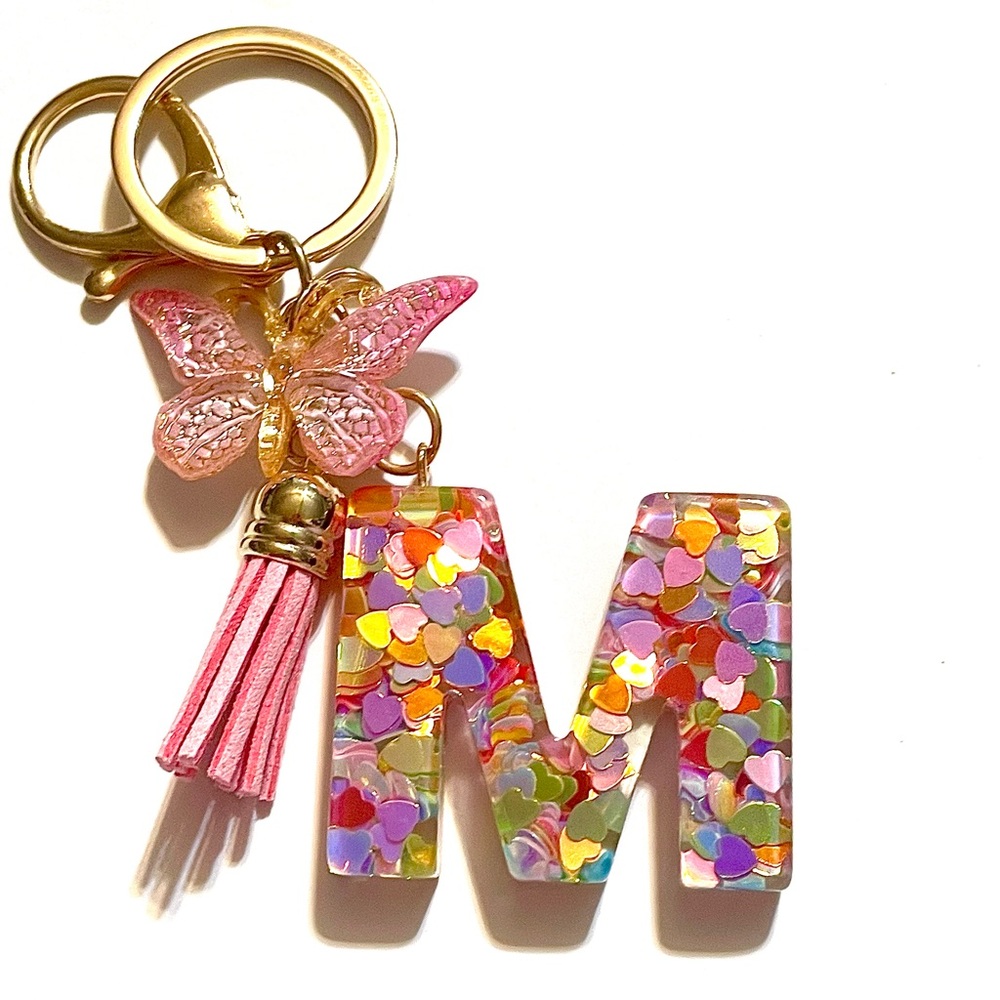Multicolored Heart Glitter Resin Letter M Keychain